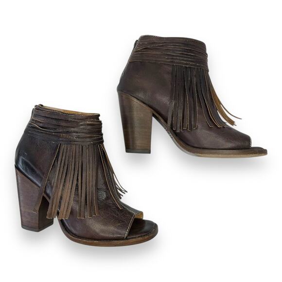 Bed Stu Onset Olivia Women’s Size 7.5 Peep Toe Fringe Booties Brown Leather Heel - Picture 2 of 11